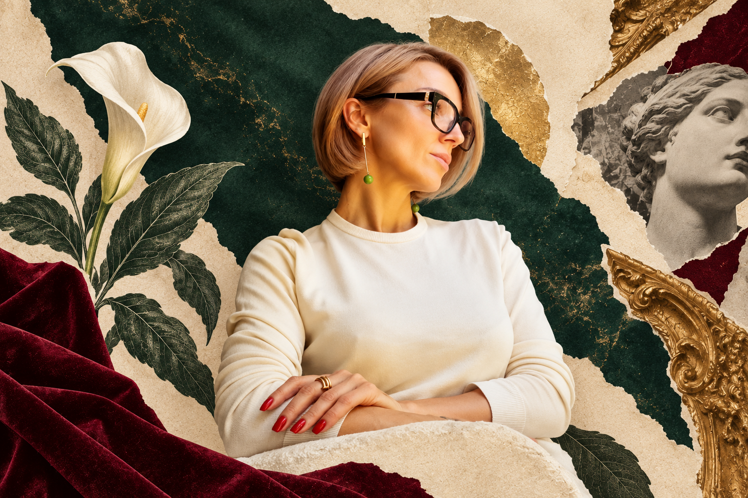 Татьяна Фролова: портретный коллаж с каллой, бархатом и ботанической графикой
