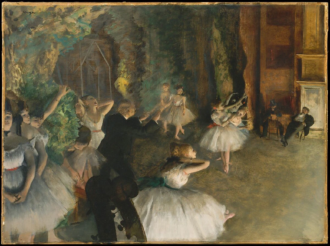 Эдгар Дега: репетиция балета на сцене, фигуры танцовщиц и театральное пространство