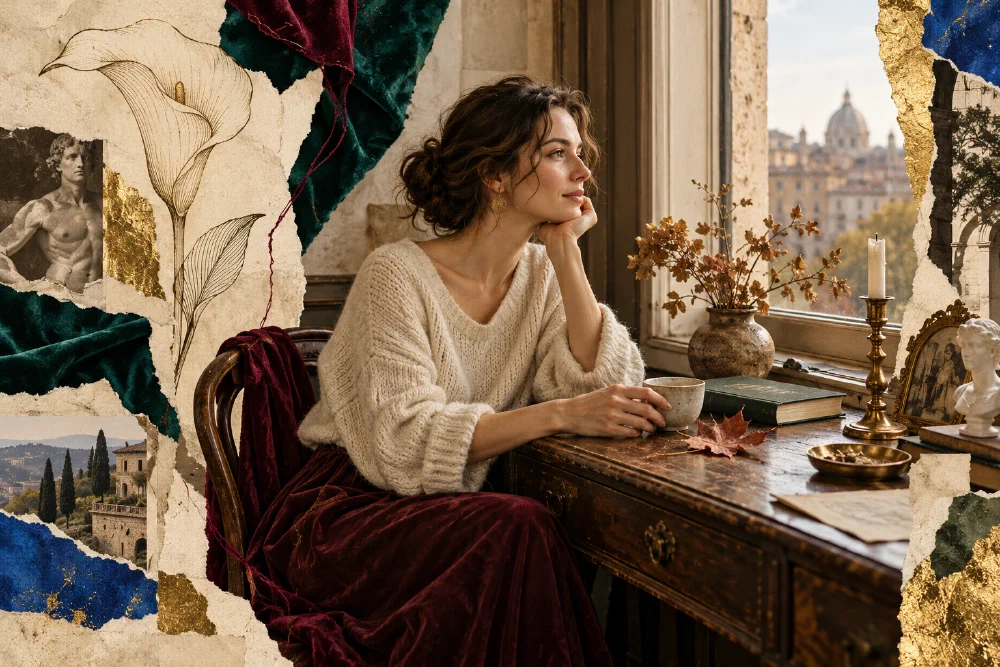 Женщина у окна с керамической чашкой, книгой и сухим листом; тёплый бумажный коллаж с каллой