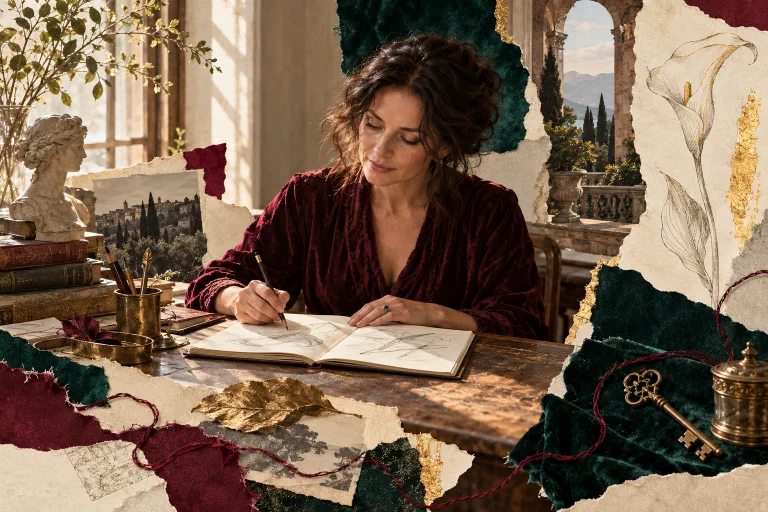 Женщина делает записи у окна среди книг, бумажных фрагментов и тонкой графической каллы